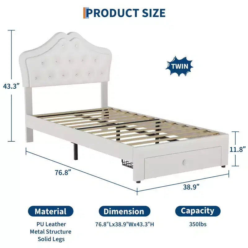 Cadre de lit double avec lumières LED, lit plateforme rembourré avec tiroir de rangement, tête de lit capitonnée en cristal pour enfants, adolescents, lattes anti-bruit