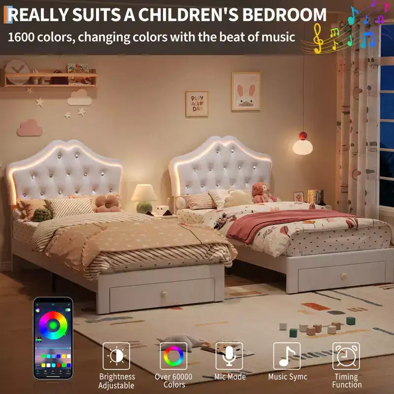 Cadre de lit double avec lumières LED, lit plateforme rembourré avec tiroir de rangement, tête de lit capitonnée en cristal pour enfants, adolescents, lattes anti-bruit