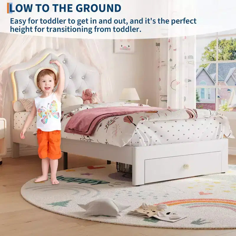 Cadre de lit double avec lumières LED, lit plateforme rembourré avec tiroir de rangement, tête de lit capitonnée en cristal pour enfants, adolescents, lattes anti-bruit