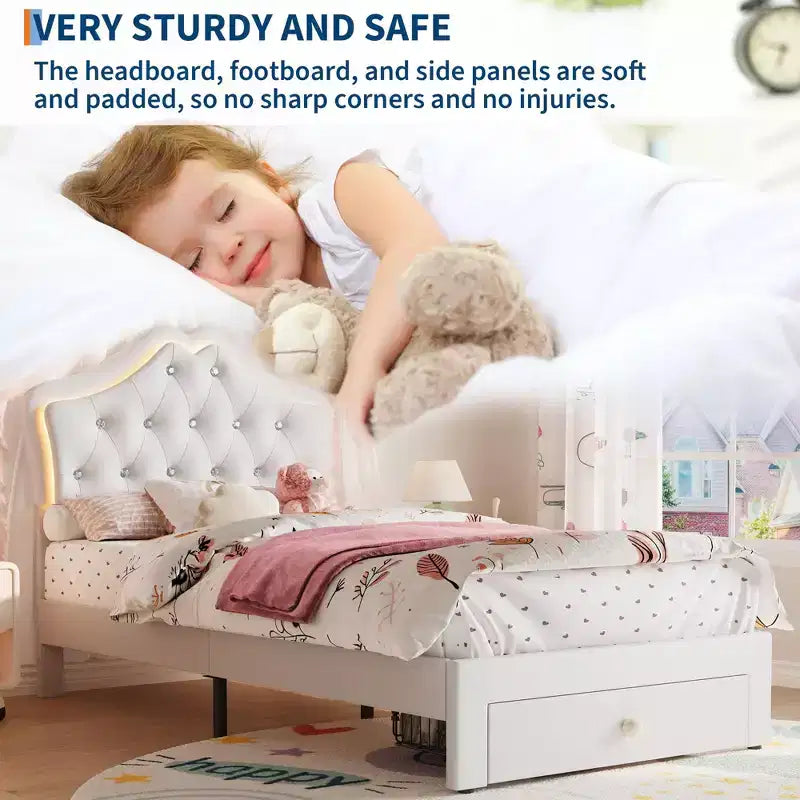Cadre de lit double avec lumières LED, lit plateforme rembourré avec tiroir de rangement, tête de lit capitonnée en cristal pour enfants, adolescents, lattes anti-bruit