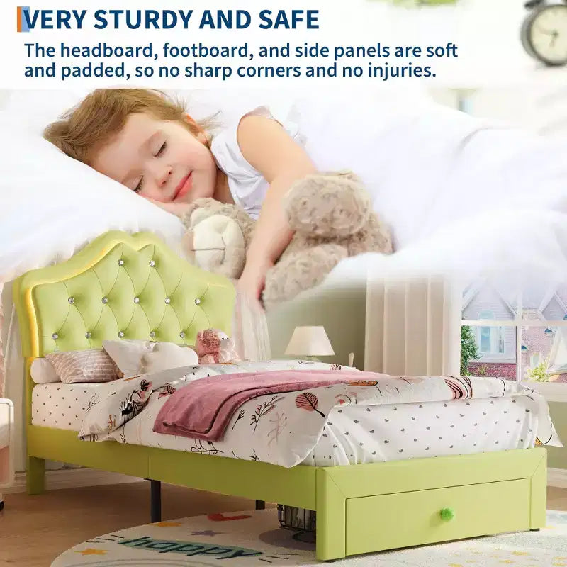 Cadre de lit double avec lumières LED, lit plateforme rembourré avec tiroir de rangement, tête de lit capitonnée en cristal pour enfants, adolescents, lattes anti-bruit