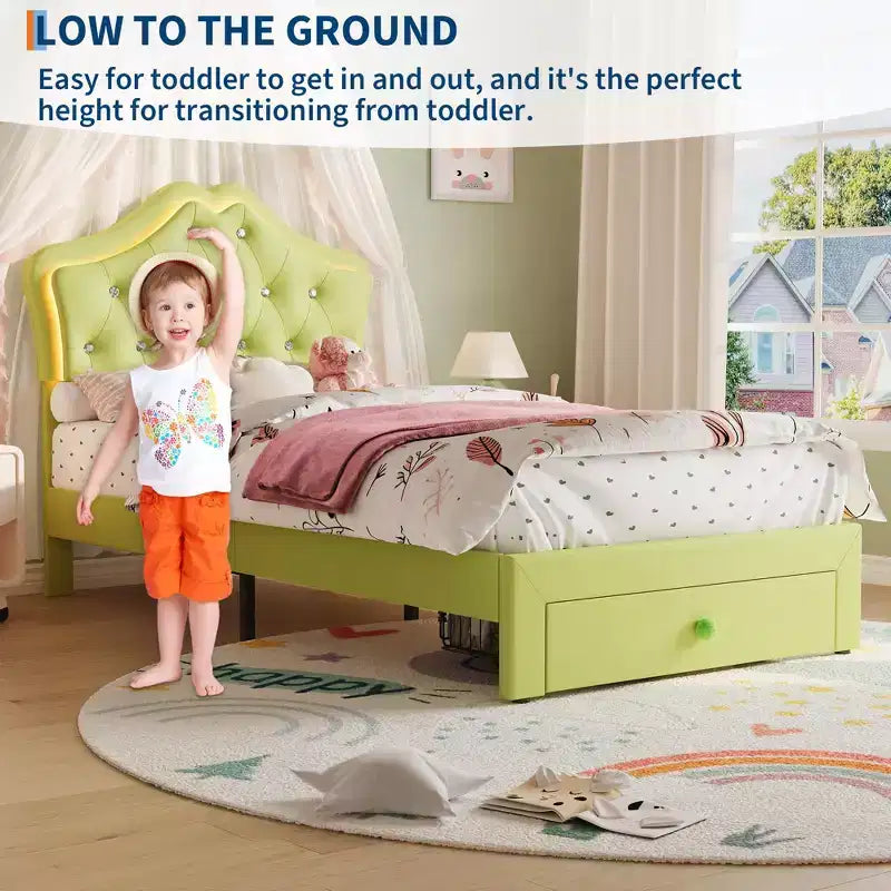 Cadre de lit double avec lumières LED, lit plateforme rembourré avec tiroir de rangement, tête de lit capitonnée en cristal pour enfants, adolescents, lattes anti-bruit