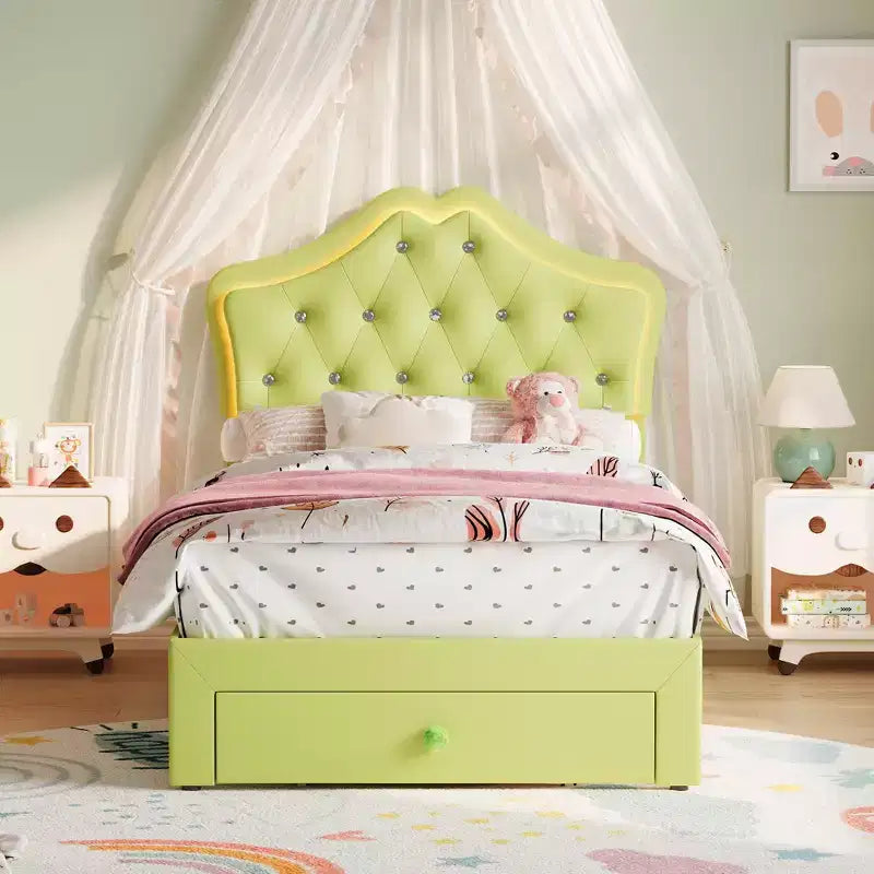 Cadre de lit double avec lumières LED, lit plateforme rembourré avec tiroir de rangement, tête de lit capitonnée en cristal pour enfants, adolescents, lattes anti-bruit