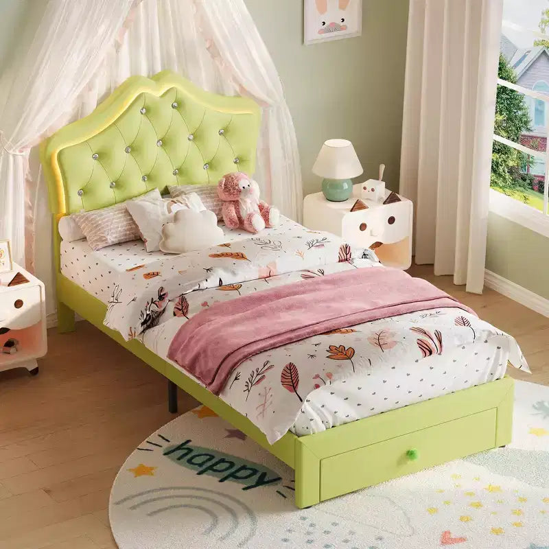 Twin Size Bed Frame with LED Lights,Upholstered Platform Bed with Storage Drawer,Crystal Tufted Headboard for Kids,Teens,Noise-Free Slats