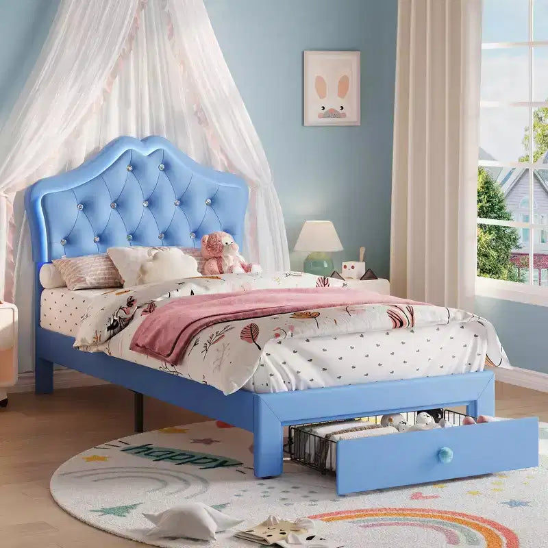 Cadre de lit double avec lumières LED, lit plateforme rembourré avec tiroir de rangement, tête de lit capitonnée en cristal pour enfants, adolescents, lattes anti-bruit
