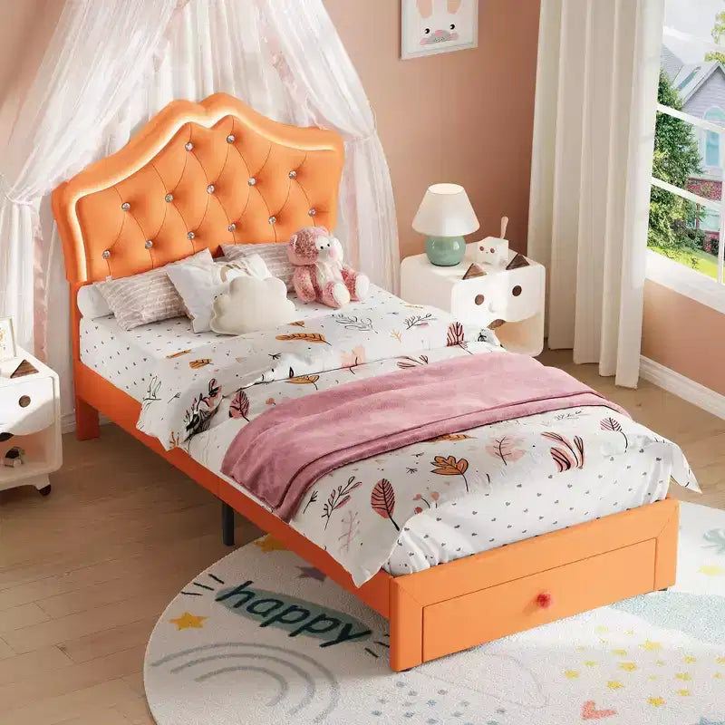 Cadre de lit double avec lumières LED, lit plateforme rembourré avec tiroir de rangement, tête de lit capitonnée en cristal pour enfants, adolescents, lattes anti-bruit