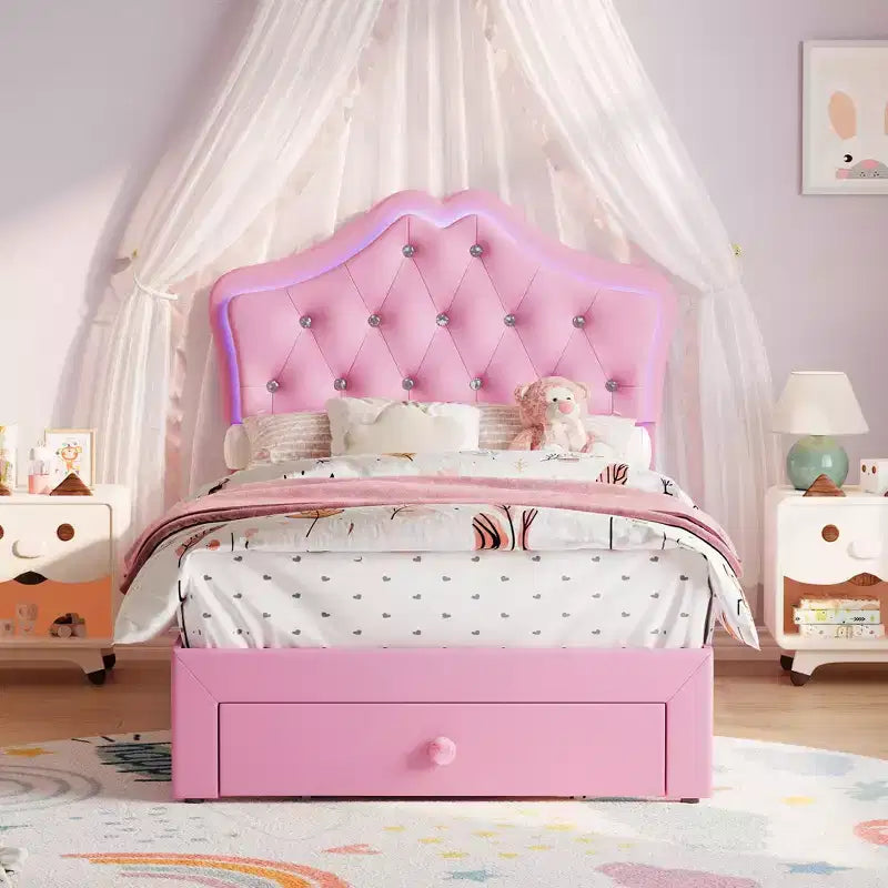 Cadre de lit double avec lumières LED, lit plateforme rembourré avec tiroir de rangement, tête de lit capitonnée en cristal pour enfants, adolescents, lattes anti-bruit