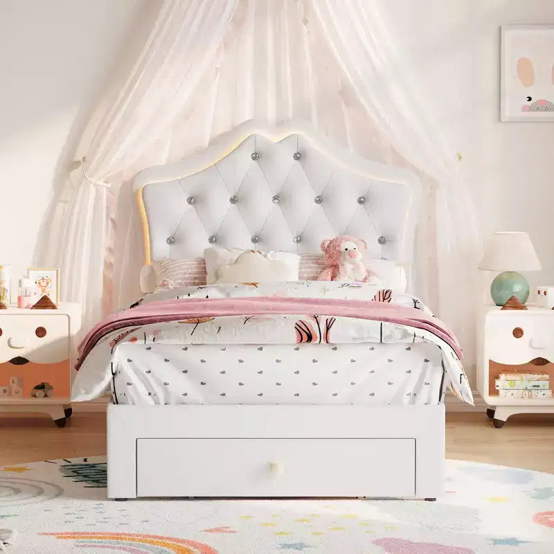 Cadre de lit double avec lumières LED, lit plateforme rembourré avec tiroir de rangement, tête de lit capitonnée en cristal pour enfants, adolescents, lattes anti-bruit