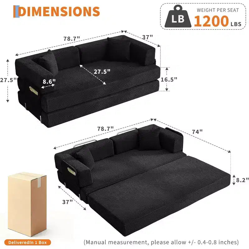 Canapé-lit convertible 5 en 1, canapé-lit modulaire en velours côtelé de 200 cm avec cadre robuste, aucun assemblage requis, futon multifonctionnel pour petit espace, salon