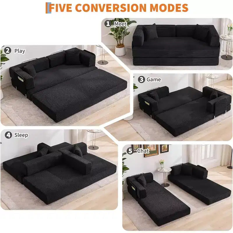 Canapé-lit convertible 5 en 1, canapé-lit modulaire en velours côtelé de 200 cm avec cadre robuste, aucun assemblage requis, futon multifonctionnel pour petit espace, salon