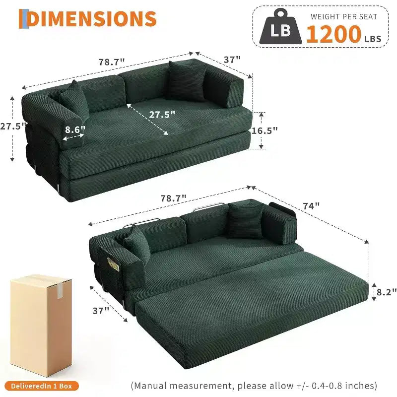 Canapé-lit convertible 5 en 1, canapé-lit modulaire en velours côtelé de 200 cm avec cadre robuste, aucun assemblage requis, futon multifonctionnel pour petit espace, salon