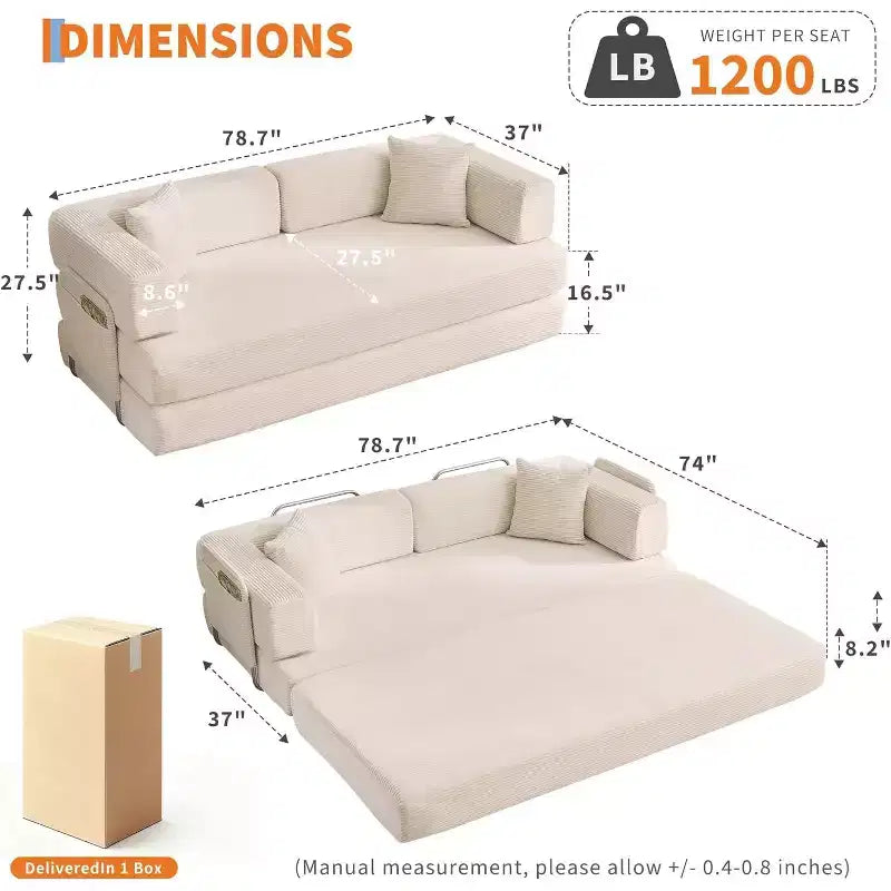 Canapé-lit convertible 5 en 1, canapé-lit modulaire en velours côtelé de 200 cm avec cadre robuste, aucun assemblage requis, futon multifonctionnel pour petit espace, salon