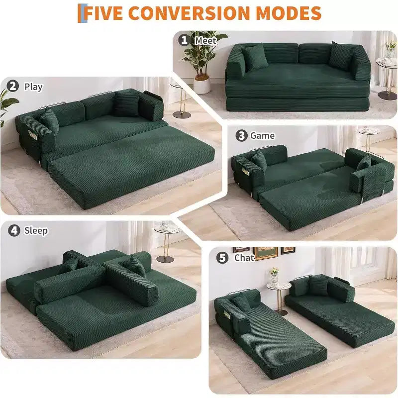 Canapé-lit convertible 5 en 1, canapé-lit modulaire en velours côtelé de 200 cm avec cadre robuste, aucun assemblage requis, futon multifonctionnel pour petit espace, salon
