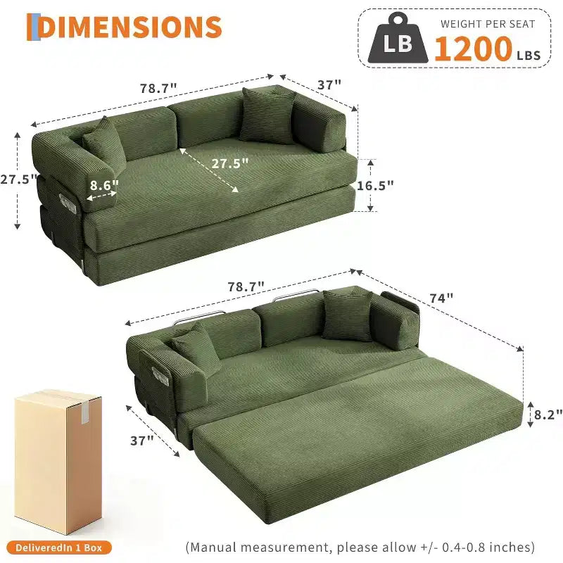 Canapé-lit convertible 5 en 1, canapé-lit modulaire en velours côtelé de 200 cm avec cadre robuste, aucun assemblage requis, futon multifonctionnel pour petit espace, salon