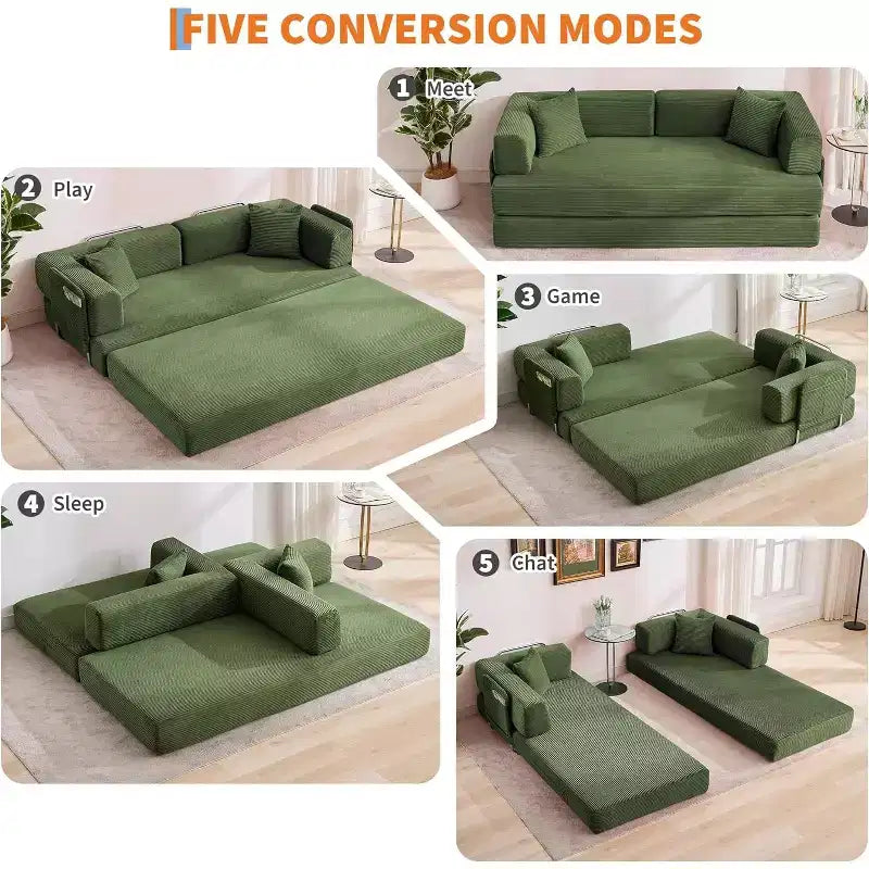Canapé-lit convertible 5 en 1, canapé-lit modulaire en velours côtelé de 200 cm avec cadre robuste, aucun assemblage requis, futon multifonctionnel pour petit espace, salon