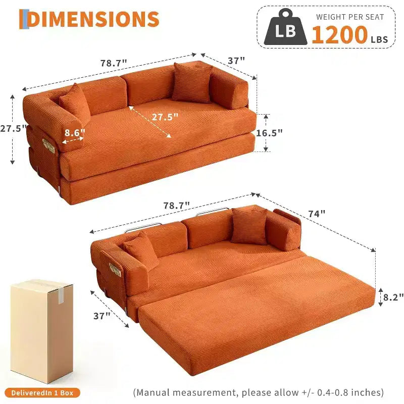Canapé-lit convertible 5 en 1, canapé-lit modulaire en velours côtelé de 200 cm avec cadre robuste, aucun assemblage requis, futon multifonctionnel pour petit espace, salon