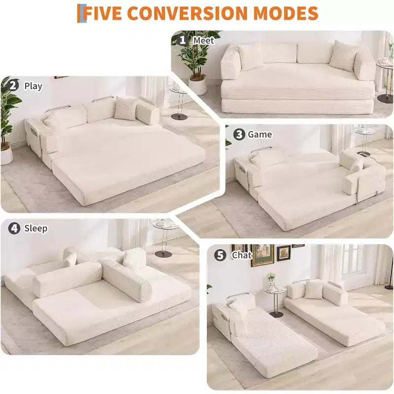 Canapé-lit convertible 5 en 1, canapé-lit modulaire en velours côtelé de 200 cm avec cadre robuste, aucun assemblage requis, futon multifonctionnel pour petit espace, salon
