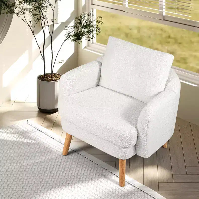 Fauteuil d'appoint en fausse fourrure de mouton avec coussin d'assise et oreiller, pieds en bois d'hévéa pour chambre à coucher