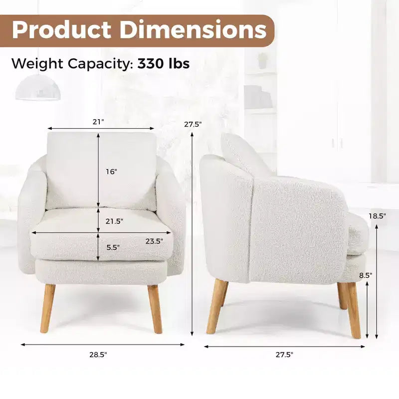Fauteuil d'appoint en fausse fourrure de mouton avec coussin d'assise et oreiller, pieds en bois d'hévéa pour chambre à coucher