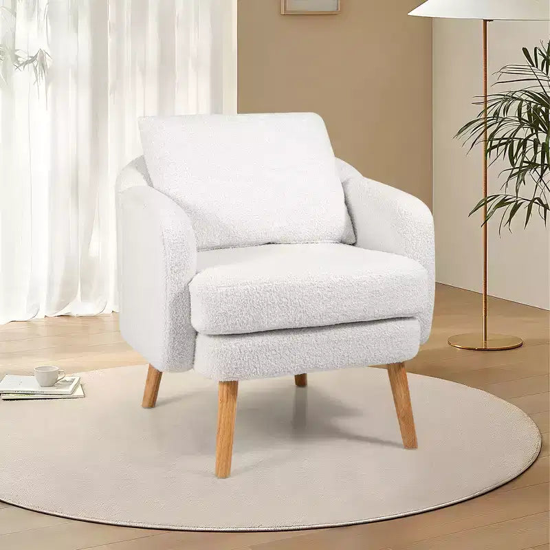 Fauteuil d'appoint en fausse fourrure de mouton avec coussin d'assise et oreiller, pieds en bois d'hévéa pour chambre à coucher