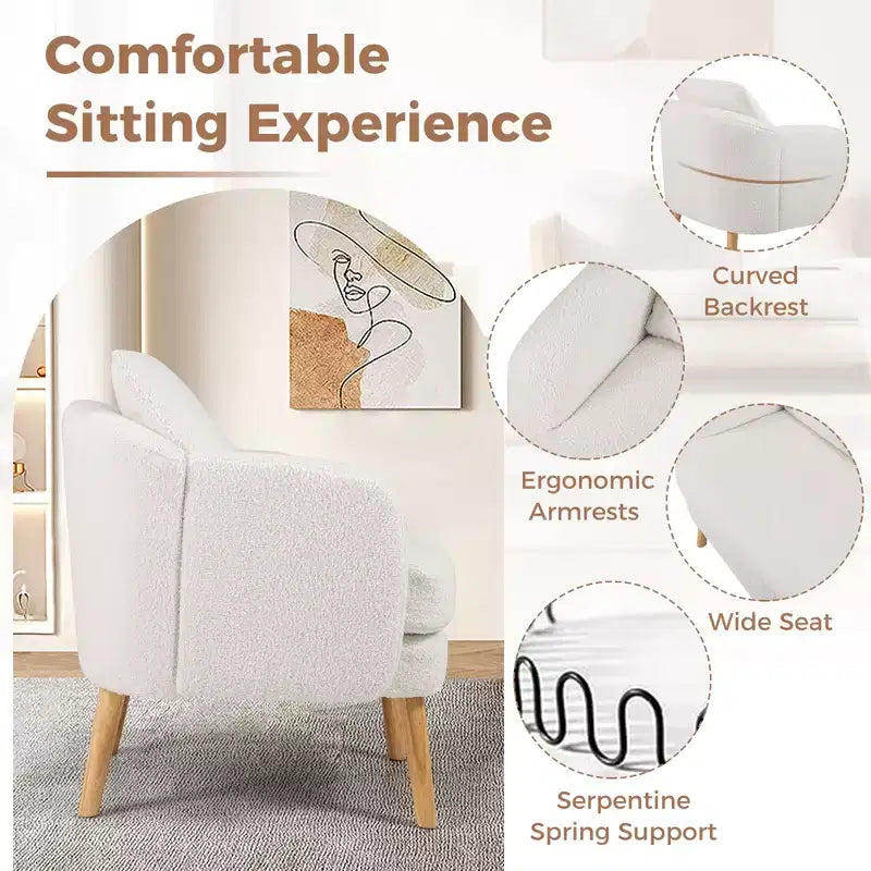 Fauteuil d'appoint en fausse fourrure de mouton avec coussin d'assise et oreiller, pieds en bois d'hévéa pour chambre à coucher