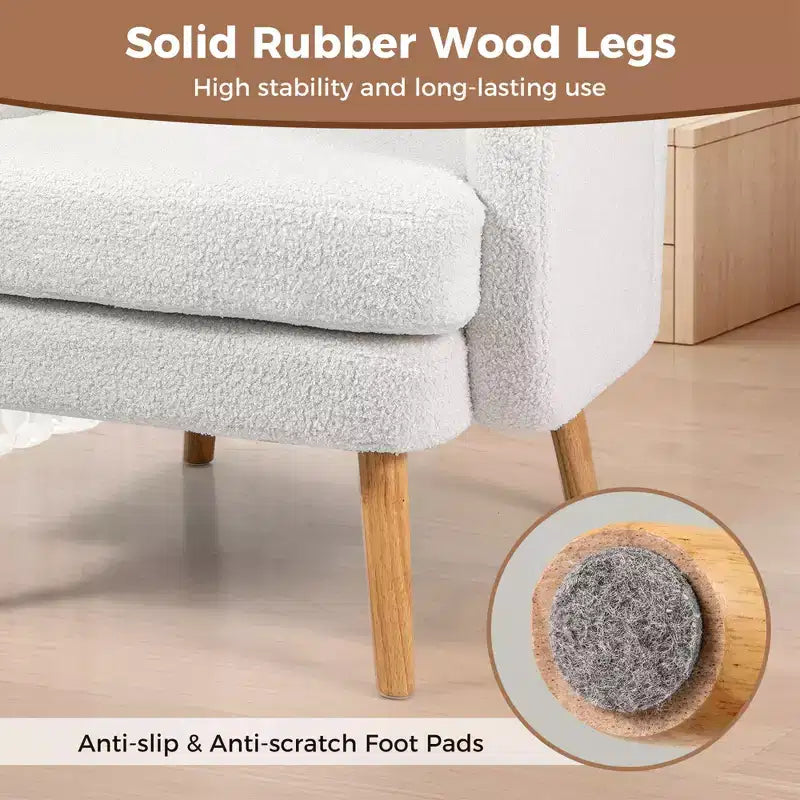 Fauteuil d'appoint en fausse fourrure de mouton avec coussin d'assise et oreiller, pieds en bois d'hévéa pour chambre à coucher