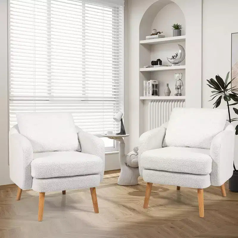 Fauteuil d'appoint en fausse fourrure de mouton avec coussin d'assise et oreiller, pieds en bois d'hévéa pour chambre à coucher
