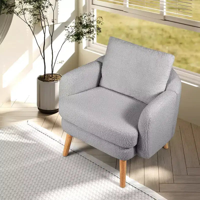 Fauteuil d'appoint en fausse fourrure de mouton avec coussin d'assise et oreiller, pieds en bois d'hévéa pour chambre à coucher
