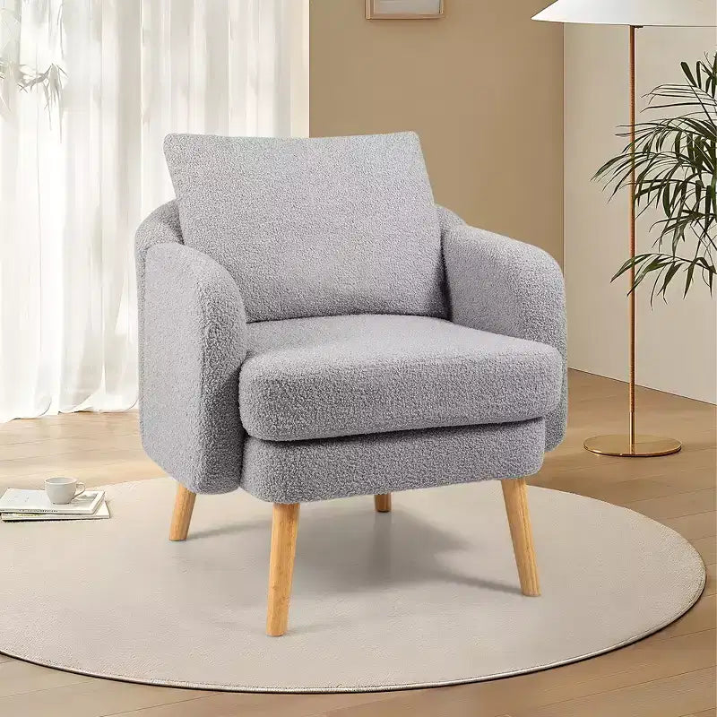 Fauteuil d'appoint en fausse fourrure de mouton avec coussin d'assise et oreiller, pieds en bois d'hévéa pour chambre à coucher