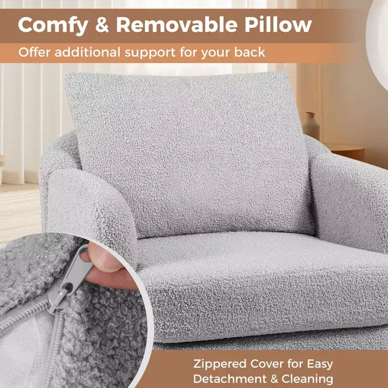 Fauteuil d'appoint en fausse fourrure de mouton avec coussin d'assise et oreiller, pieds en bois d'hévéa pour chambre à coucher
