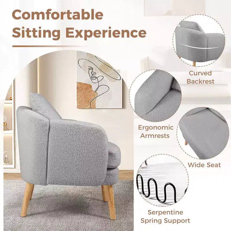 Fauteuil d'appoint en fausse fourrure de mouton avec coussin d'assise et oreiller, pieds en bois d'hévéa pour chambre à coucher