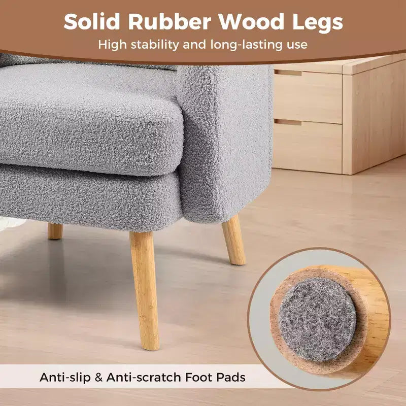 Fauteuil d'appoint en fausse fourrure de mouton avec coussin d'assise et oreiller, pieds en bois d'hévéa pour chambre à coucher