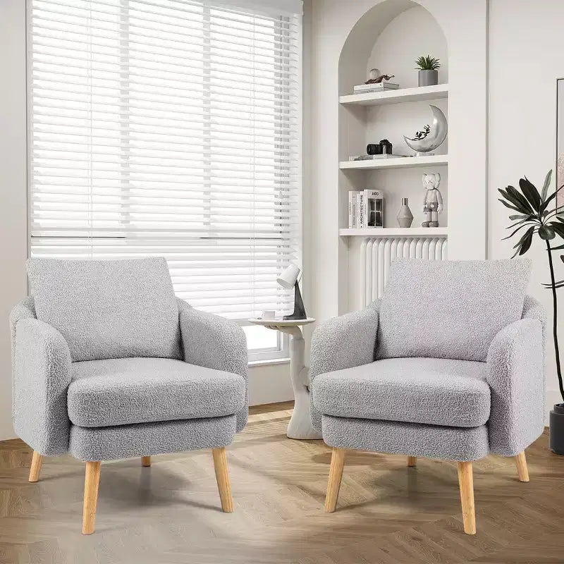 Fauteuil d'appoint en fausse fourrure de mouton avec coussin d'assise et oreiller, pieds en bois d'hévéa pour chambre à coucher