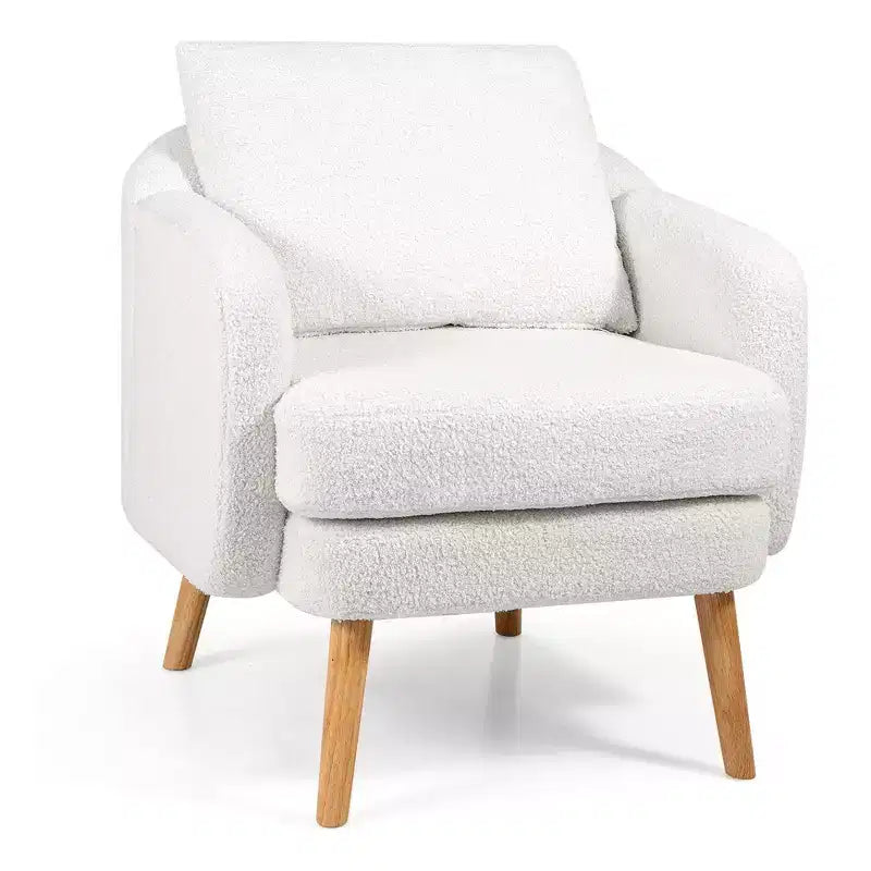 Fauteuil d'appoint en fausse fourrure de mouton avec coussin d'assise et oreiller, pieds en bois d'hévéa pour chambre à coucher
