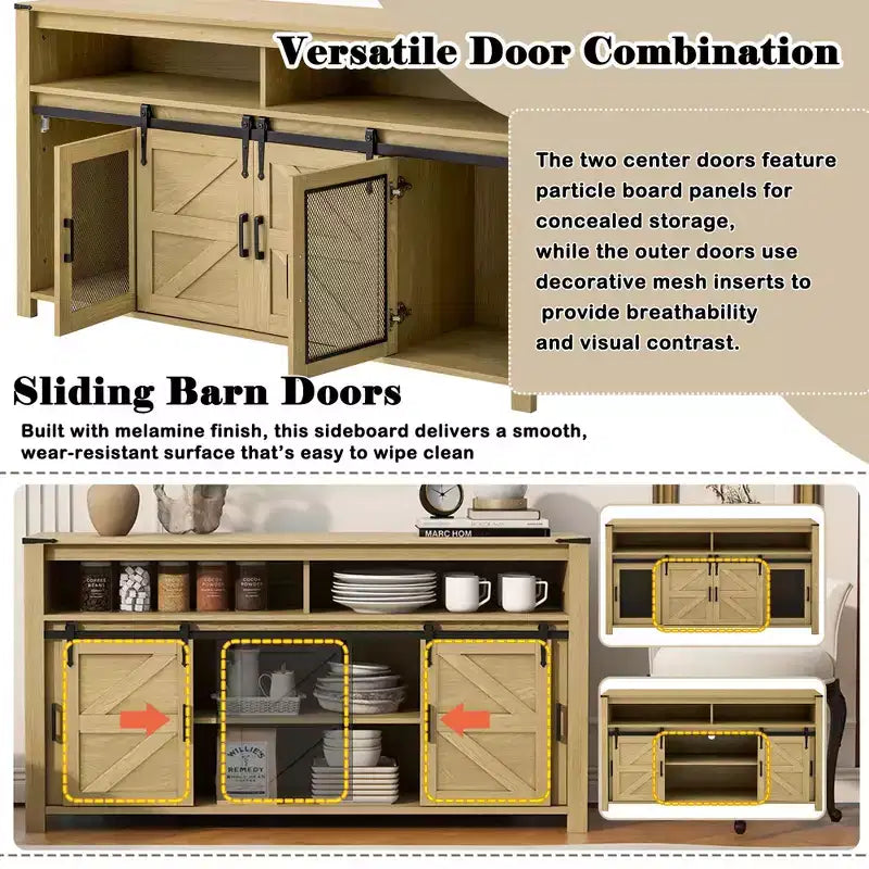 Buffet de ferme, meuble de rangement pour salle à manger, armoires de cuisine avec porte coulissante de grange et panneaux grillagés