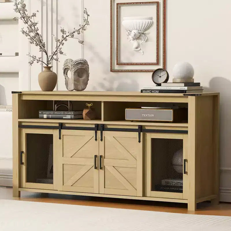 Buffet de ferme, meuble de rangement pour salle à manger, armoires de cuisine avec porte coulissante de grange et panneaux grillagés