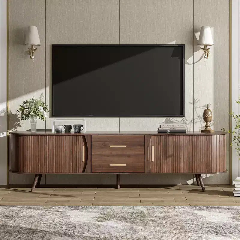 Vintage TV Stand with Sliding-Door for 75 inch TV, Wood Oval TV Storage Cabinet Table with Drawers and Solid Wood Legs for Living Room, Dark Brown