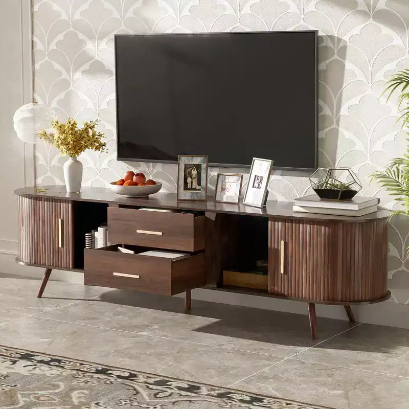 Meuble TV vintage avec porte coulissante pour téléviseur 75 pouces, meuble de rangement TV ovale en bois avec tiroirs et pieds en bois massif pour salon, marron foncé