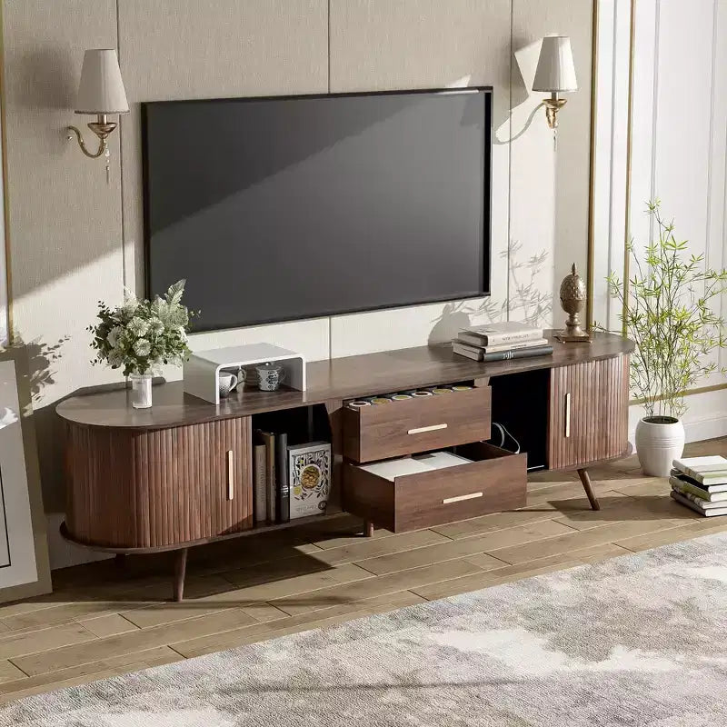 Meuble TV vintage avec porte coulissante pour téléviseur 75 pouces, meuble de rangement TV ovale en bois avec tiroirs et pieds en bois massif pour salon, marron foncé