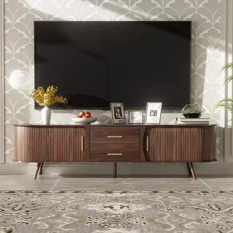 Meuble TV vintage avec porte coulissante pour téléviseur 75 pouces, meuble de rangement TV ovale en bois avec tiroirs et pieds en bois massif pour salon, marron foncé
