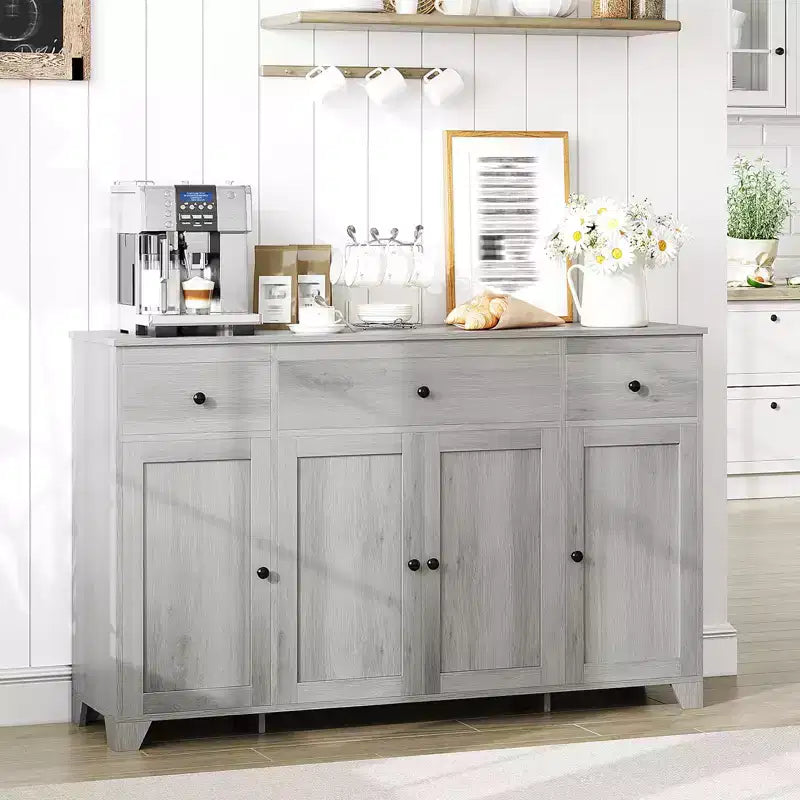 Coffee Bar Cabinet with Storage, 55 Sideboard Buffet Cabinet with Adjustable Shelves, 4 Minimalis Doors & 3 Drawers for Living Room Dining Room