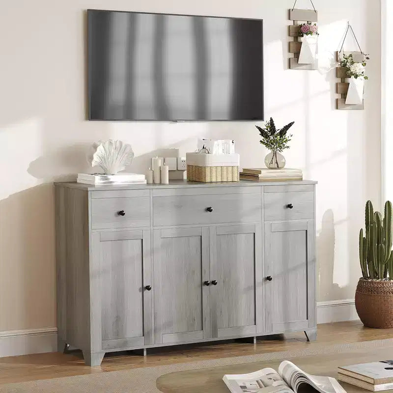 Meuble-bar à café avec rangement, buffet de 140 cm avec étagères réglables, 4 portes minimalistes et 3 tiroirs pour salon et salle à manger