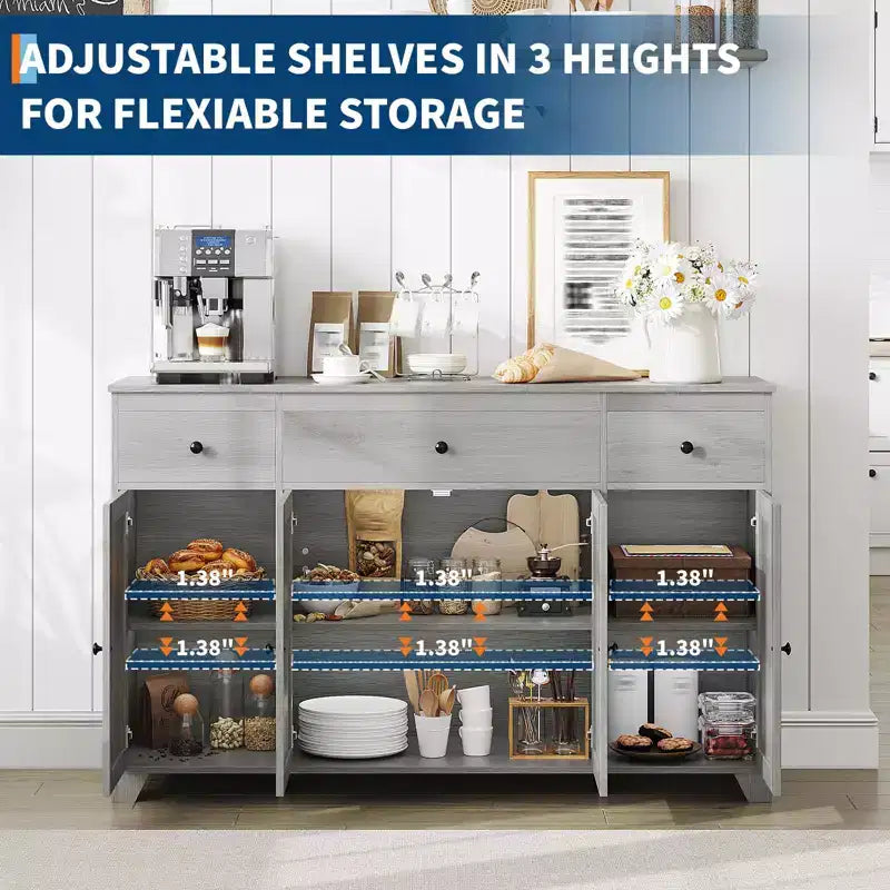 Meuble-bar à café avec rangement, buffet de 140 cm avec étagères réglables, 4 portes minimalistes et 3 tiroirs pour salon et salle à manger