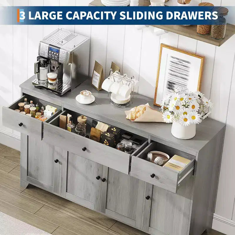 Meuble-bar à café avec rangement, buffet de 140 cm avec étagères réglables, 4 portes minimalistes et 3 tiroirs pour salon et salle à manger