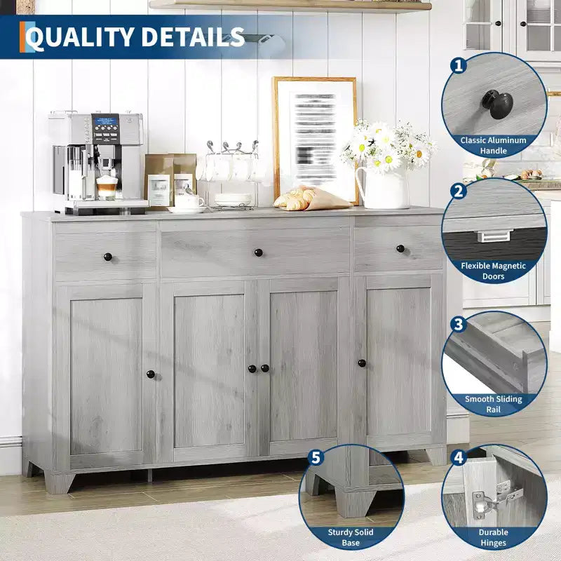 Meuble-bar à café avec rangement, buffet de 140 cm avec étagères réglables, 4 portes minimalistes et 3 tiroirs pour salon et salle à manger