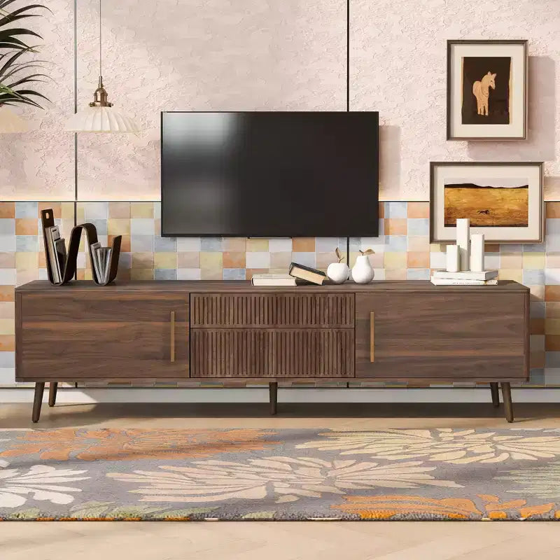 Vintage TV Stand with Doors for 75 inch TV, Wood TV Storage Cabinet Table with Drawers and Solid Wood Legs for Living Room, Walnut