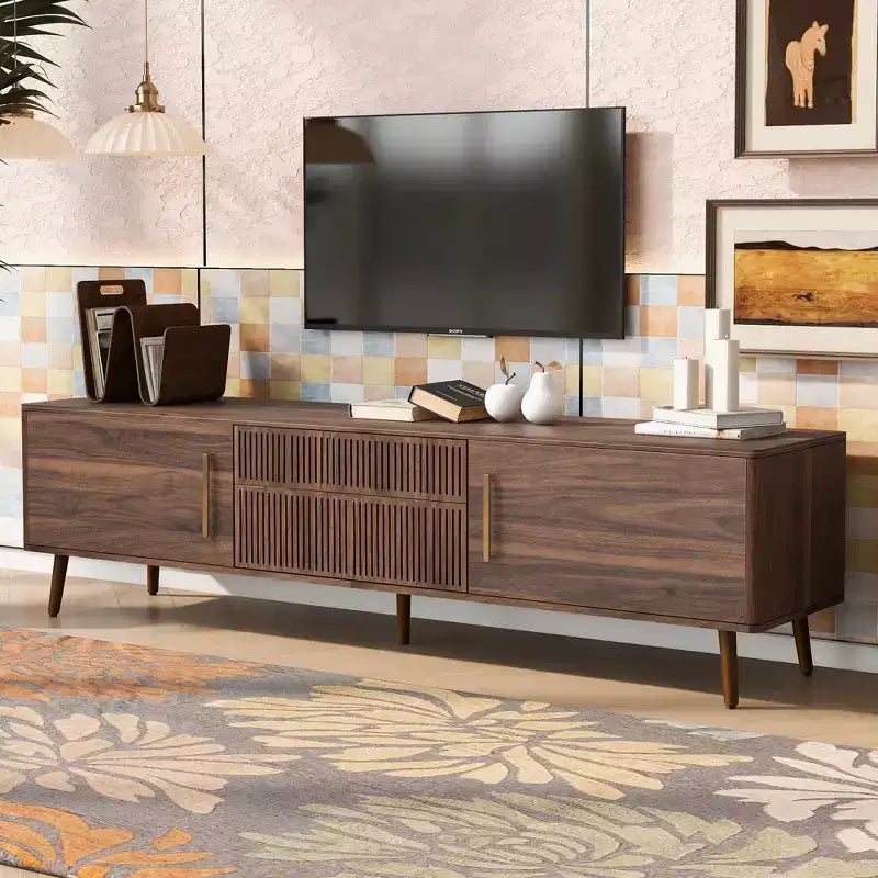Meuble TV vintage avec portes pour téléviseur 75 pouces, meuble de rangement TV en bois avec tiroirs et pieds en bois massif pour salon, Noyer