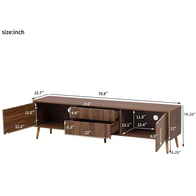 Meuble TV vintage avec portes pour téléviseur 75 pouces, meuble de rangement TV en bois avec tiroirs et pieds en bois massif pour salon, Noyer