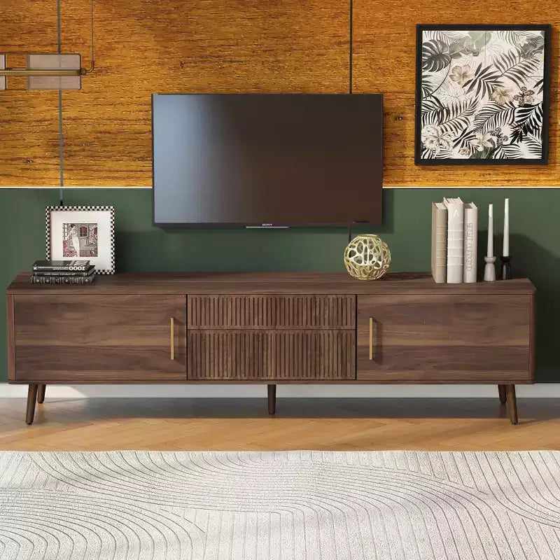 Meuble TV vintage avec portes pour téléviseur 75 pouces, meuble de rangement TV en bois avec tiroirs et pieds en bois massif pour salon, Noyer