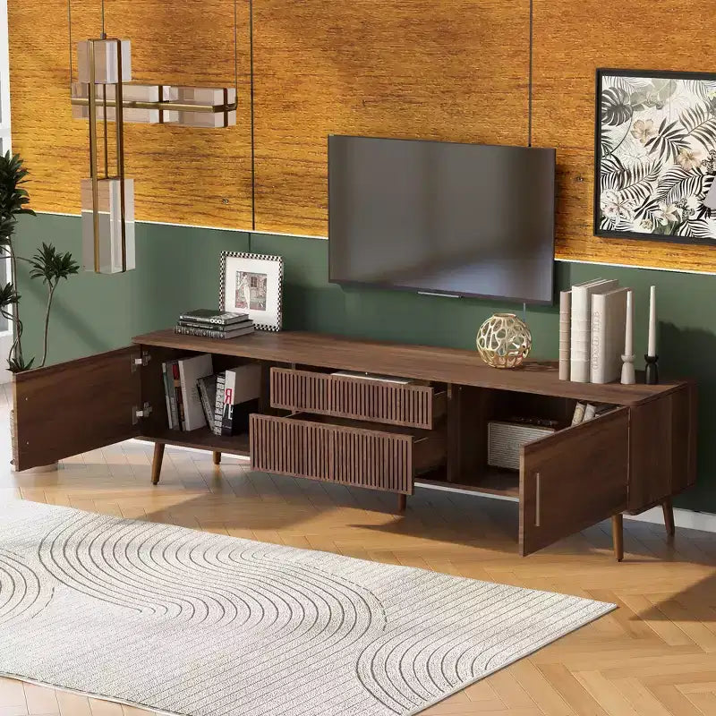 Meuble TV vintage avec portes pour téléviseur 75 pouces, meuble de rangement TV en bois avec tiroirs et pieds en bois massif pour salon, Noyer